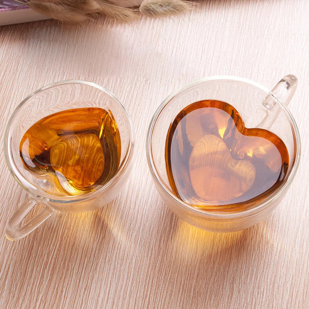 Heart Love Shaped Tea  Coffee Cup Double Layer Glass