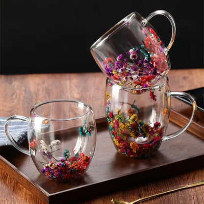 Real Flower Double-layer Glass  With Handle heat-resistant