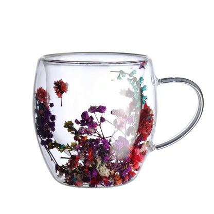 Real Flower Double-layer Glass  With Handle heat-resistant